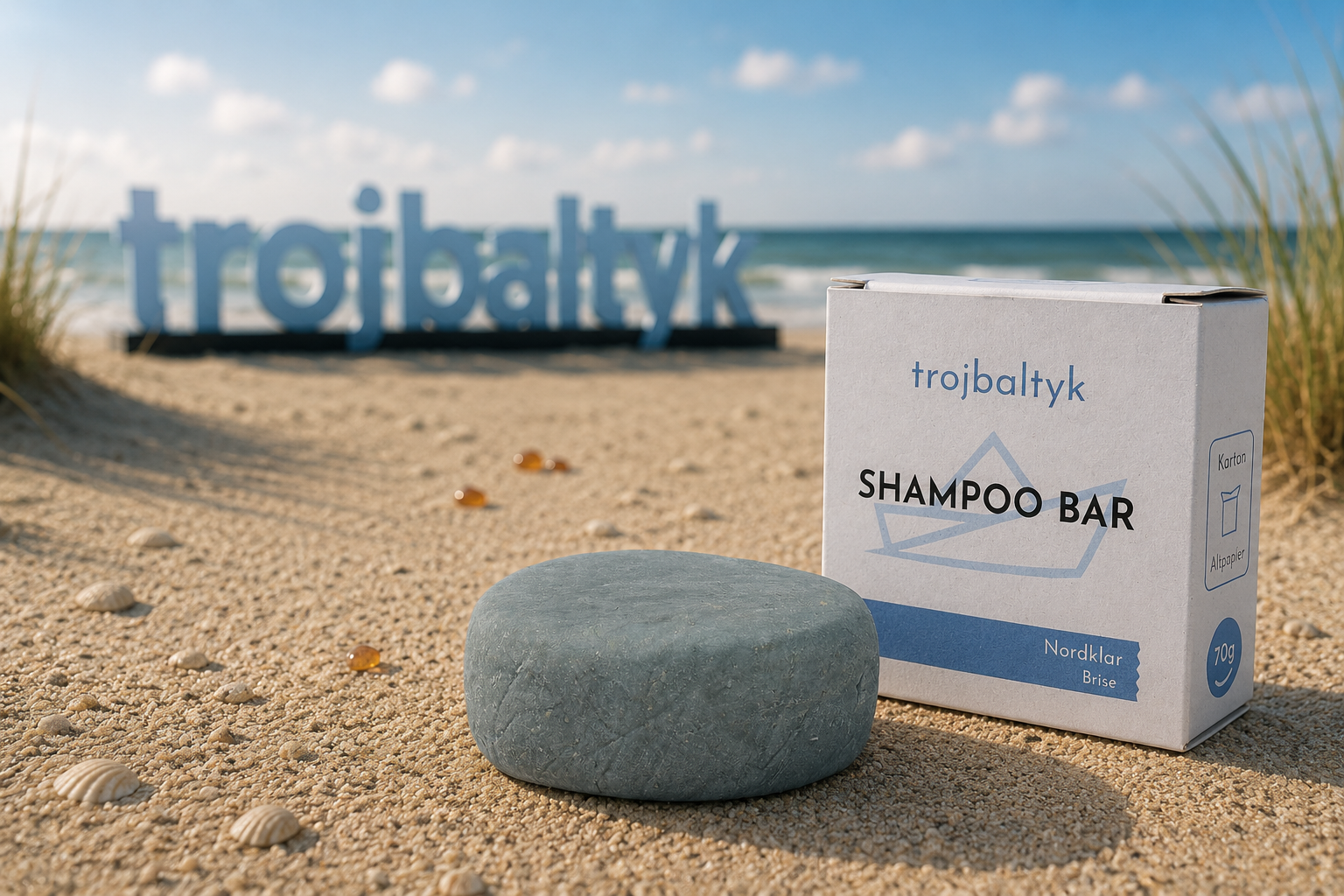 Handgemachte Shampoo Bar Nordklar Brise von trojbaltyk mit Bernsteinextrakt und Algenextrakt in nachhaltiger Kartonverpackung am Ostseestrand.